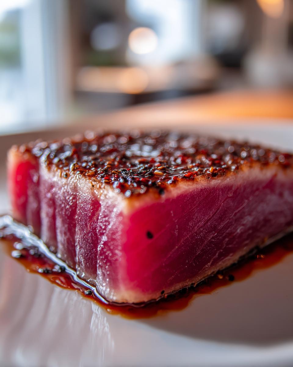 Close-up of a perfectly seared tuna steak, showing a bright pink center and a dark sesame seed crust, resting in marinade.
