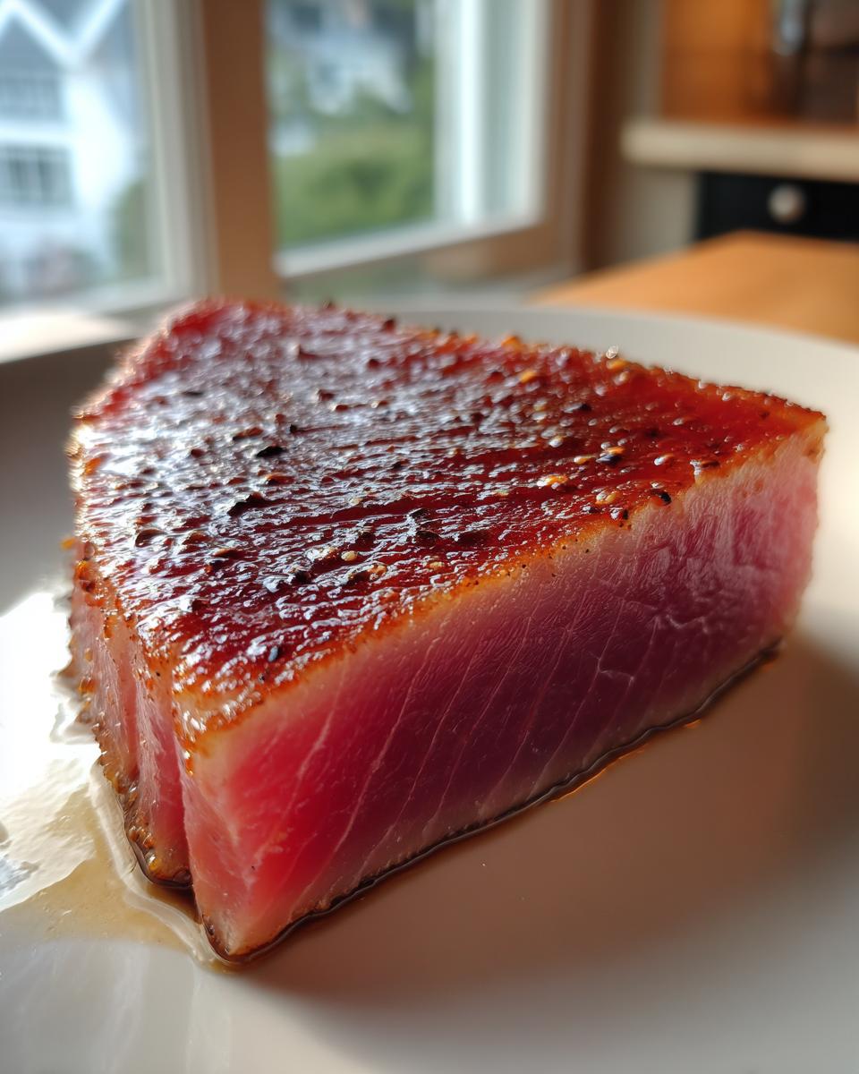 Close-up of a perfectly seared tuna steak, showing a deep red interior and a glazed, seasoned crust from the MARINADE FOR TUNA STEAK.