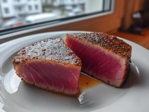 Two thick slices of rare, seared tuna steak showing a vibrant pink center, seasoned with a dark crust.