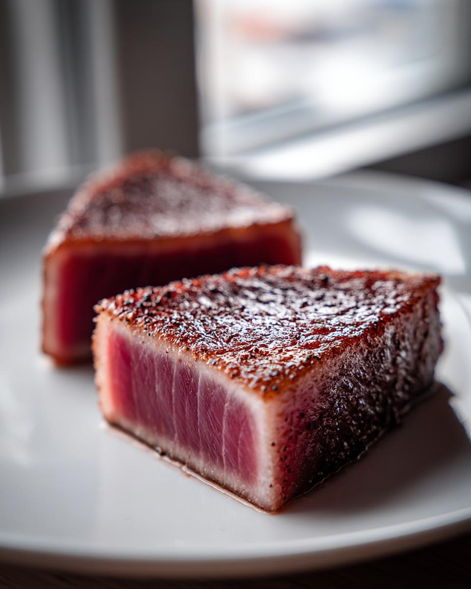 Two thick slices of perfectly seared tuna steak, showing a deep red, rare center, prepared using the MARINADE FOR TUNA STEAK.