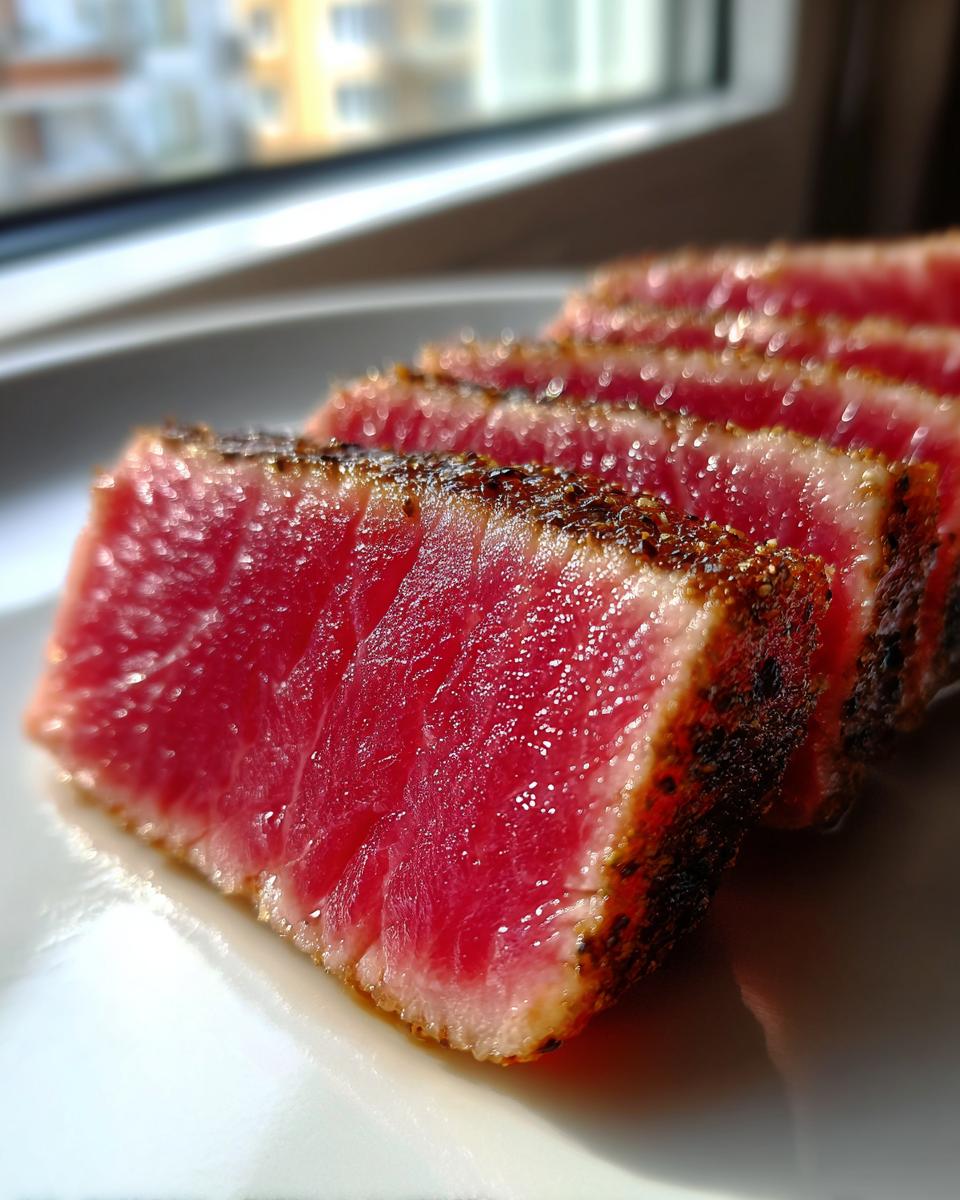 Close-up of perfectly seared tuna steak, sliced to show a bright red, rare center, seasoned with pepper.