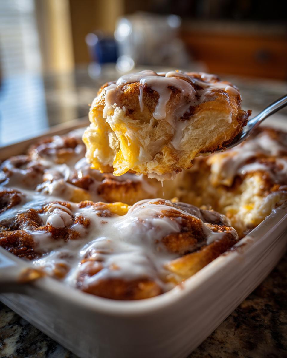 A spoonful of fluffy, gooey cinnamon roll casserole being lifted from a baking dish, drizzled with white icing.