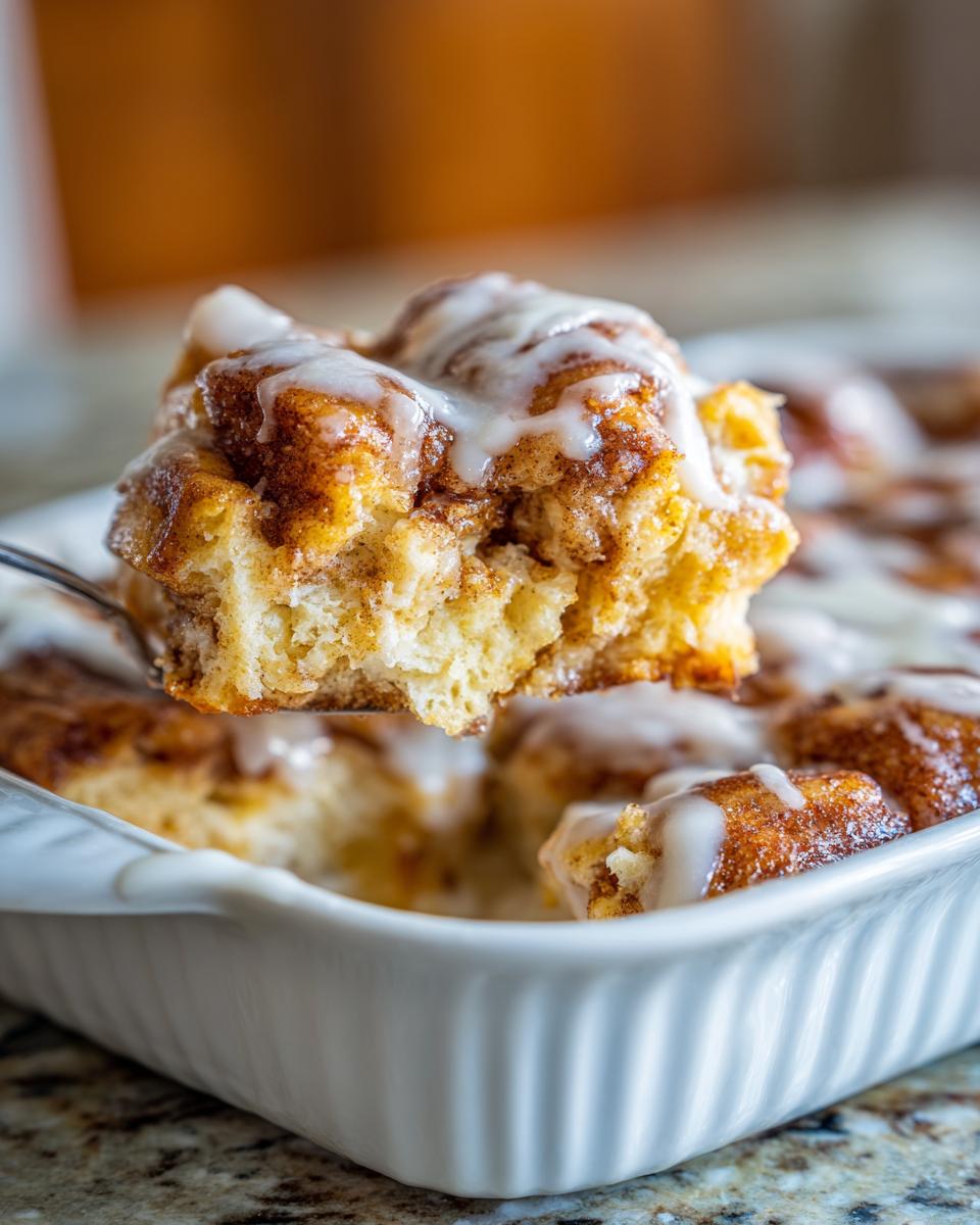 A serving spoon lifts a gooey, iced piece from a white baking dish of Cinnamon roll casserole.