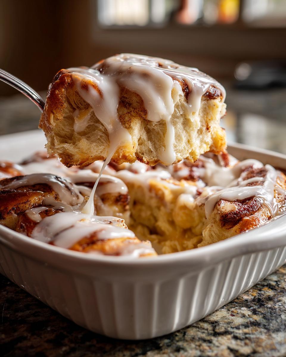 A fork lifts a soft, gooey piece of cinnamon roll casserole dripping with white icing.