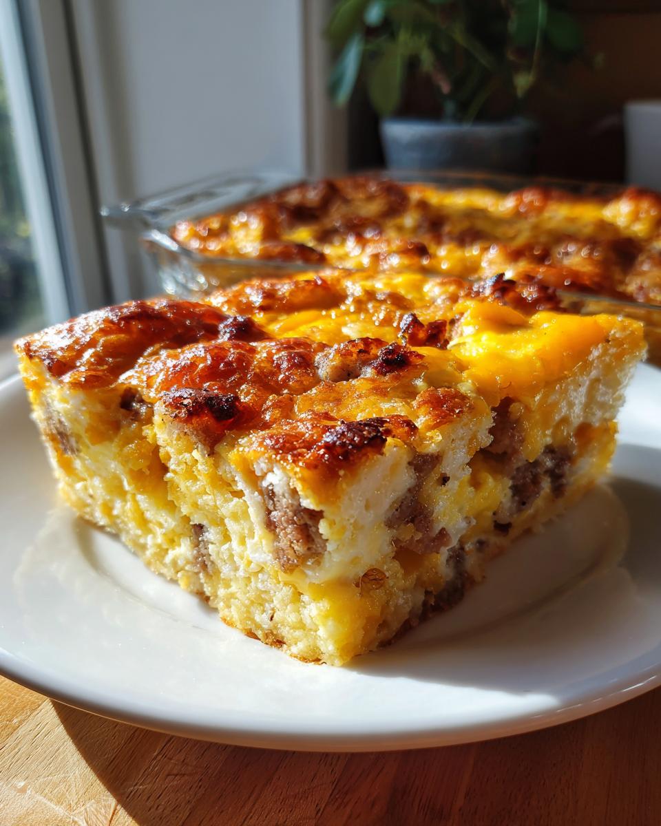A thick slice of tater tot breakfast casserole with sausage and cheese on a white plate.