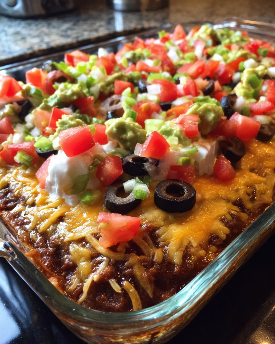 Close-up of a fully assembled Seven Layer Dip topped with melted cheese, sour cream, guacamole, tomatoes, olives, and green onions.