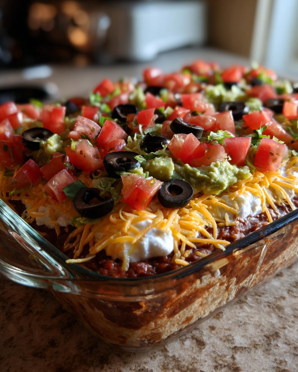 A close-up view of a freshly assembled Seven Layer Dip in a clear glass baking dish, topped with tomatoes, olives, and cheese.