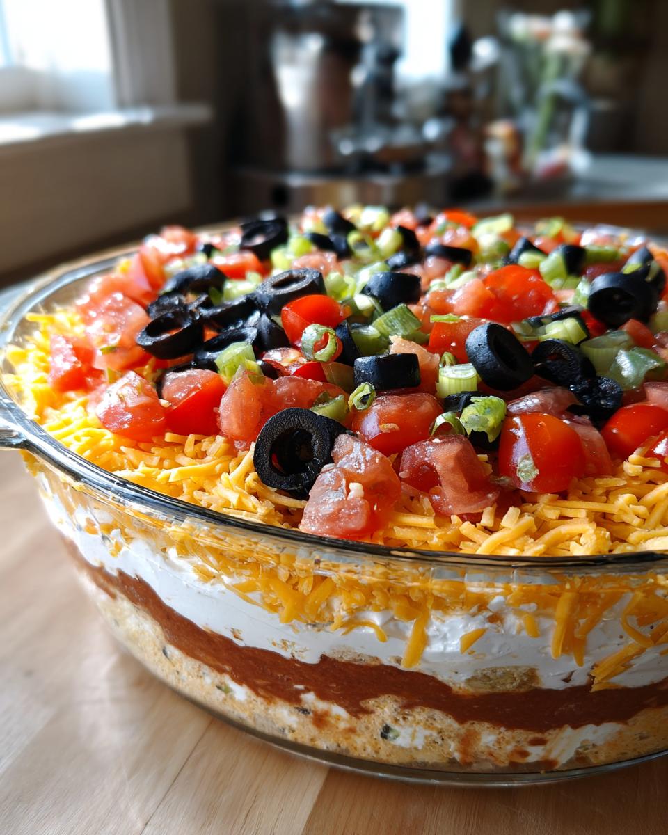 A beautiful, layered Seven Layer Dip in a clear glass bowl, topped with shredded cheese, tomatoes, olives, and green onions.