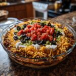 Close-up of a fully assembled Seven layer dip in a clear glass dish, topped with shredded cheese, sour cream, tomatoes, and olives.