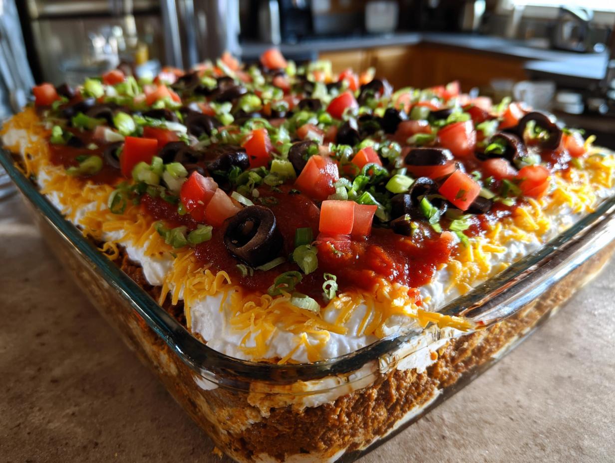 Close-up of a vibrant, layered Seven Layer Dip topped with salsa, cheese, olives, tomatoes, and green onions.