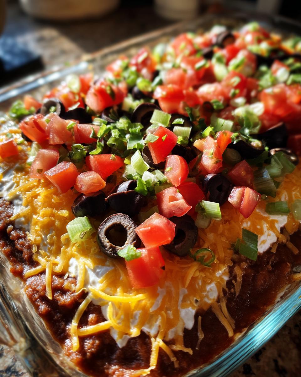 Close-up of the top layers of a Seven layer dip featuring shredded cheese, diced tomatoes, olives, and green onions.