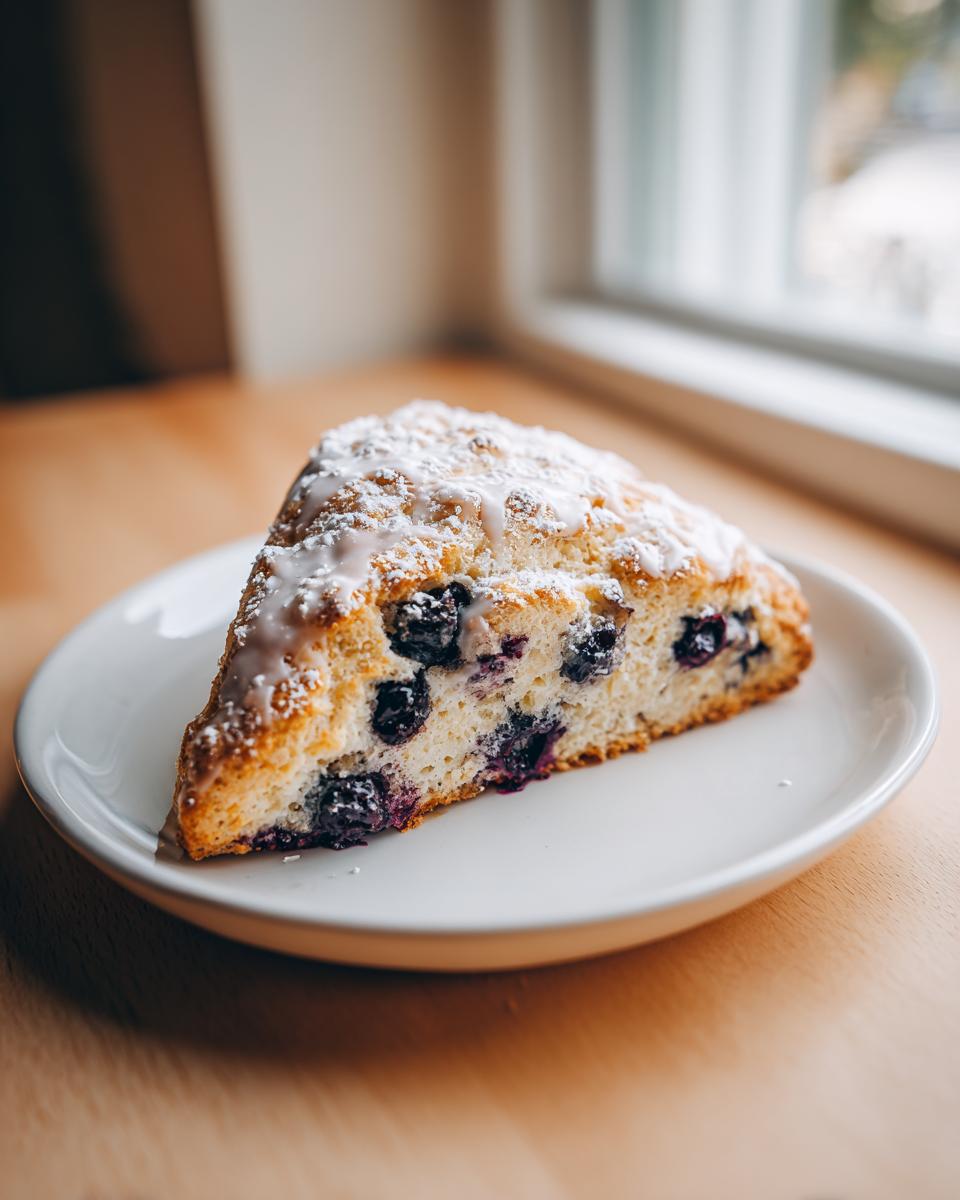 A triangular slice of homemade blueberry scones topped with white glaze and powdered sugar on a white plate.