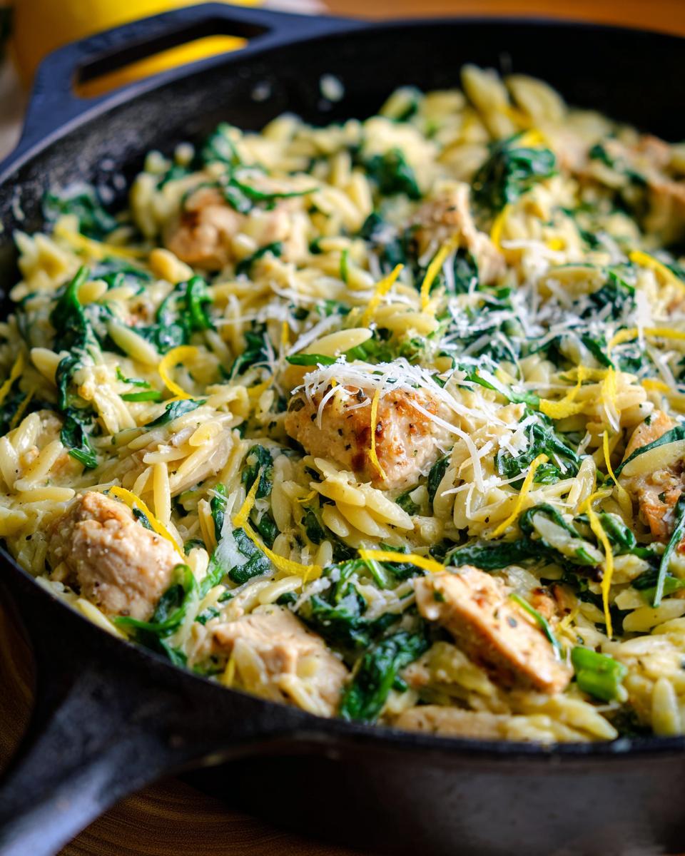 Close-up of creamy lemon chicken orzo mixed with wilted spinach, topped with grated Parmesan and lemon zest.