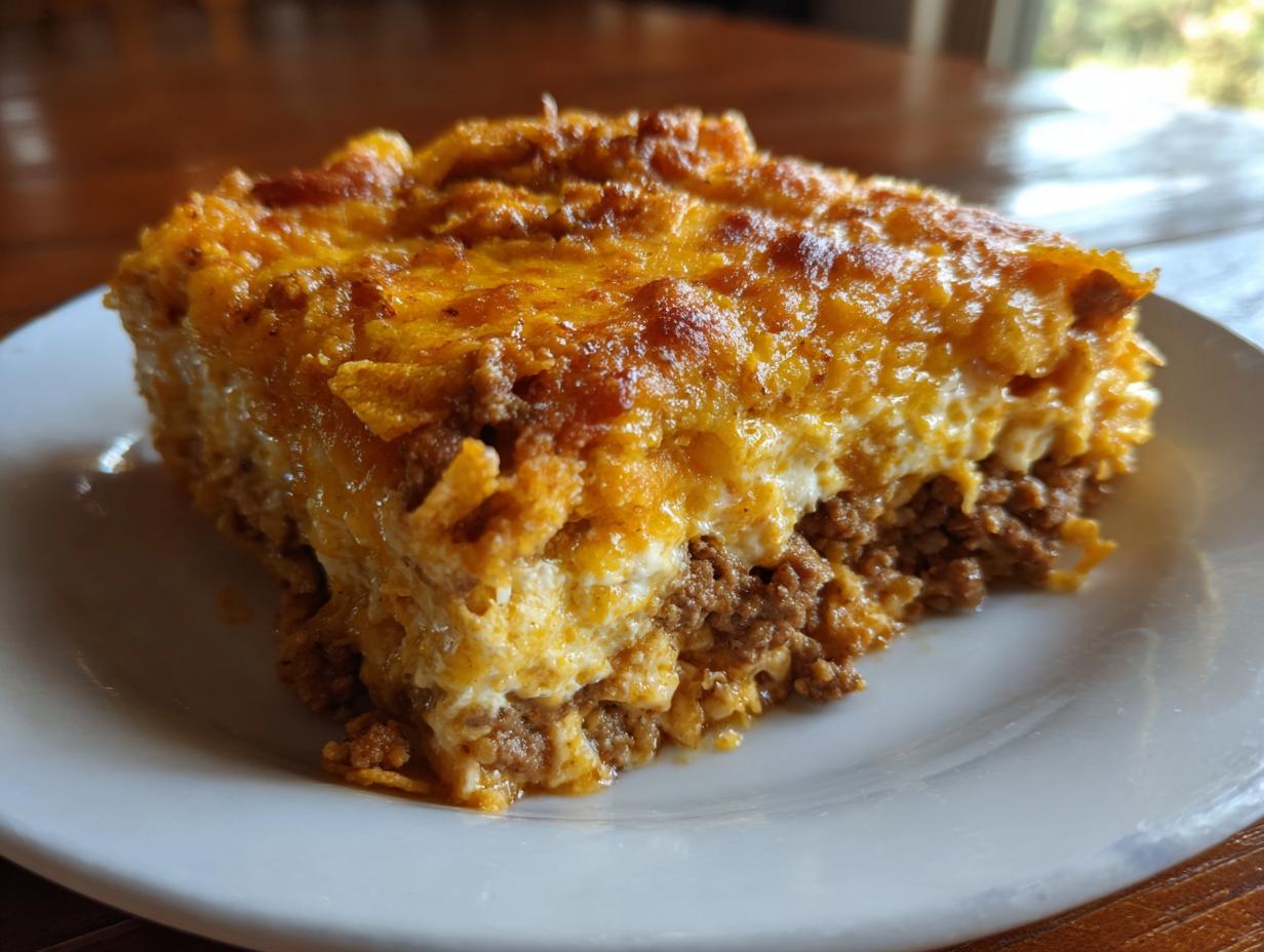 Close-up of a hearty slice of Dorito Casserole featuring layers of seasoned ground beef and melted orange cheese topping.
