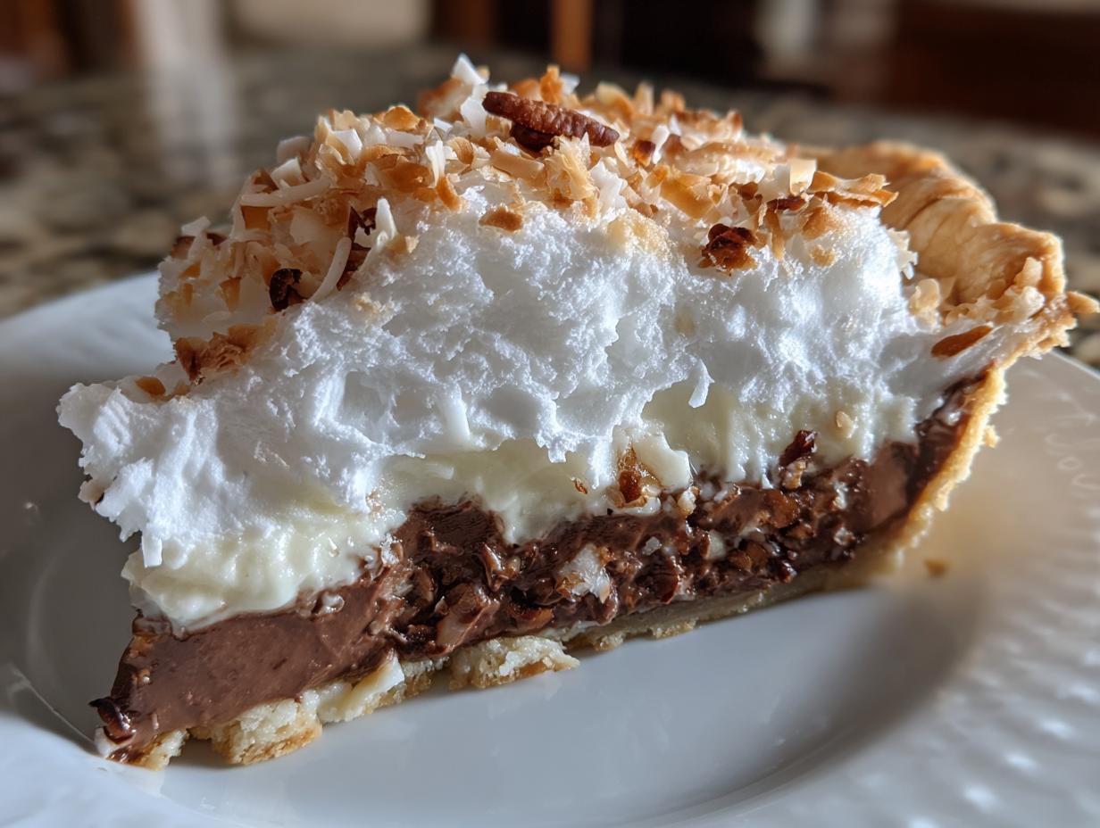 Close-up of a slice of german chocolate pie showing layers of chocolate filling, cream, and toasted coconut pecan topping.