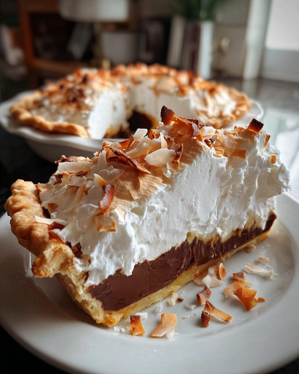 A thick slice of german chocolate pie featuring a chocolate layer, tall meringue, and toasted coconut flakes.