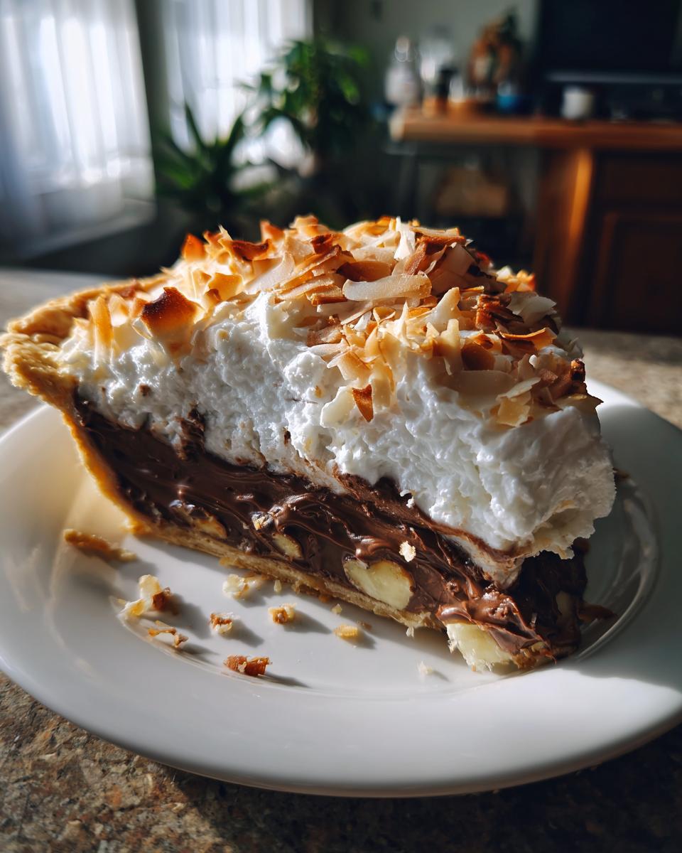 A tall slice of german chocolate pie with a thick chocolate layer, nuts, and toasted coconut meringue topping on a white plate.