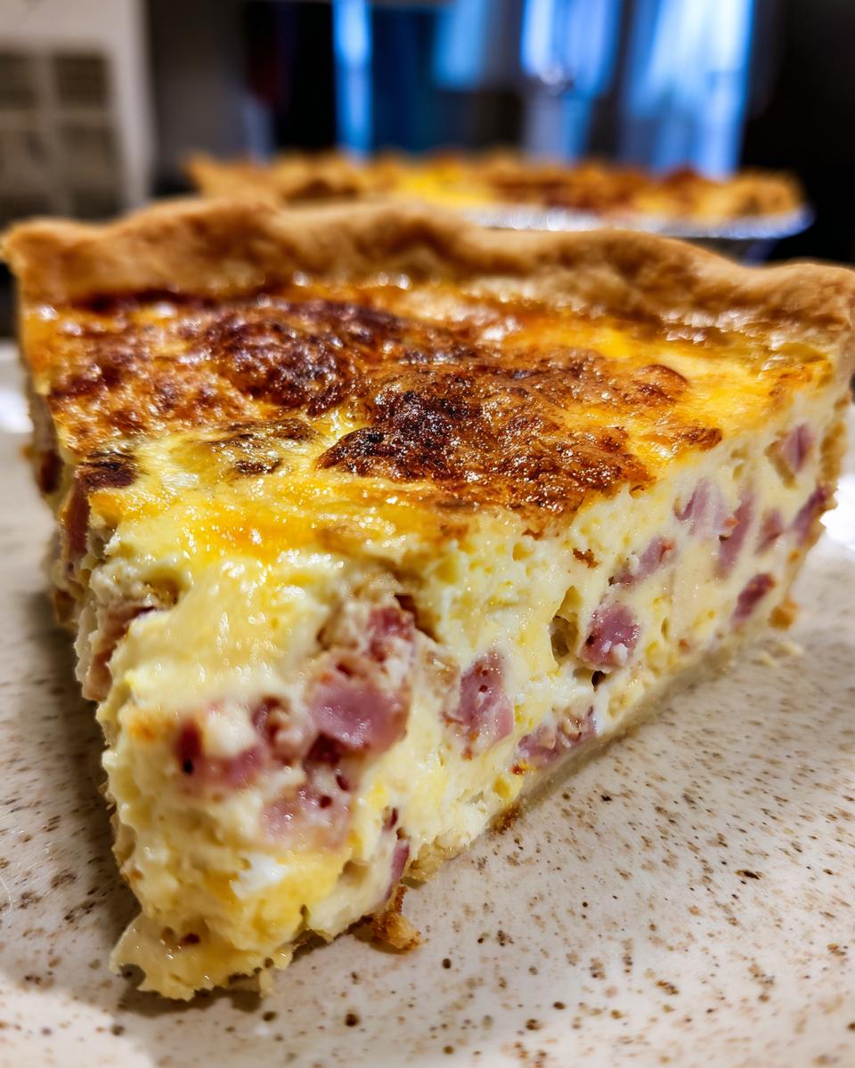 Close-up of a thick slice of Ham and Cheese Quiche showing the creamy filling and chunks of ham.