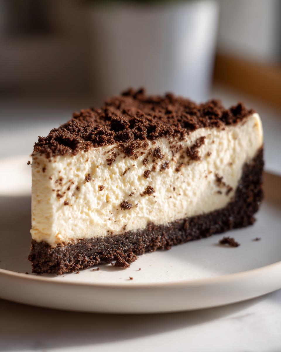 A perfect slice of creamy No Bake Cheesecake with a thick chocolate crumb crust and topping.