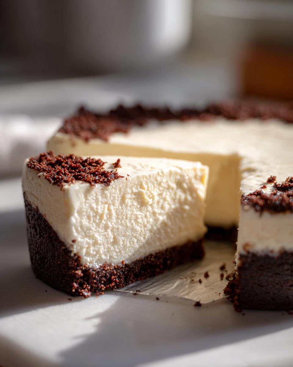 A thick slice of creamy No Bake Cheesecake with a dark chocolate crumb crust and topping.