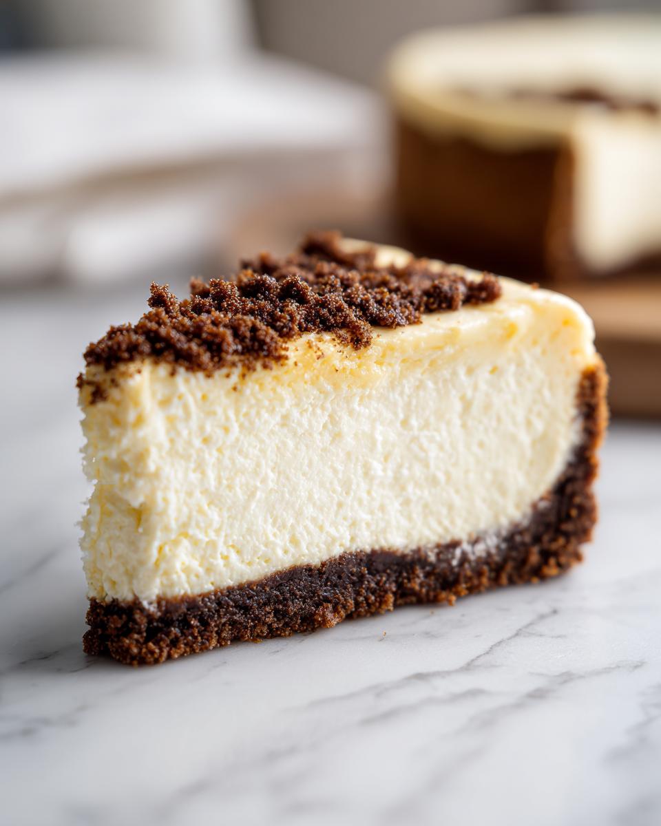 A perfect slice of creamy no bake cheesecake with a dark chocolate crust and crumb topping.