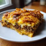 A close-up slice of Dorito Casserole featuring layers of seasoned ground beef, melted cheese, and a crunchy Dorito topping.