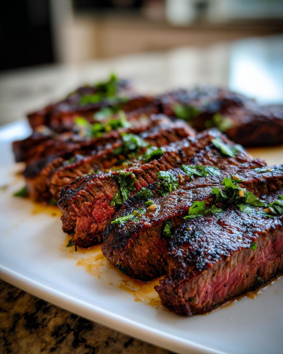 Close-up of sliced, medium-rare steak showing char marks, glistening with juices from the carne asada marinade.