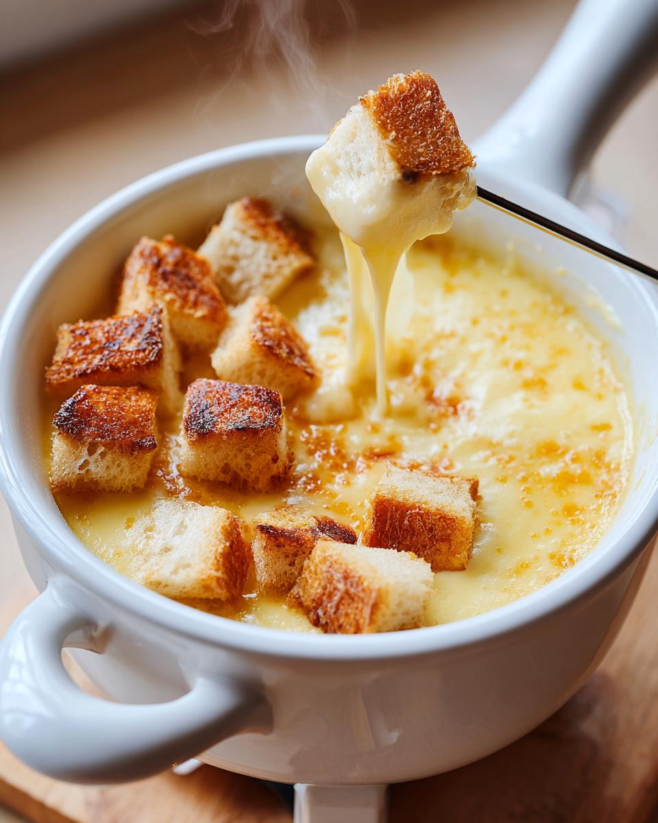 A piece of toasted bread is dipped into a steaming white pot of smooth cheese fondue, showing a thick cheese pull.