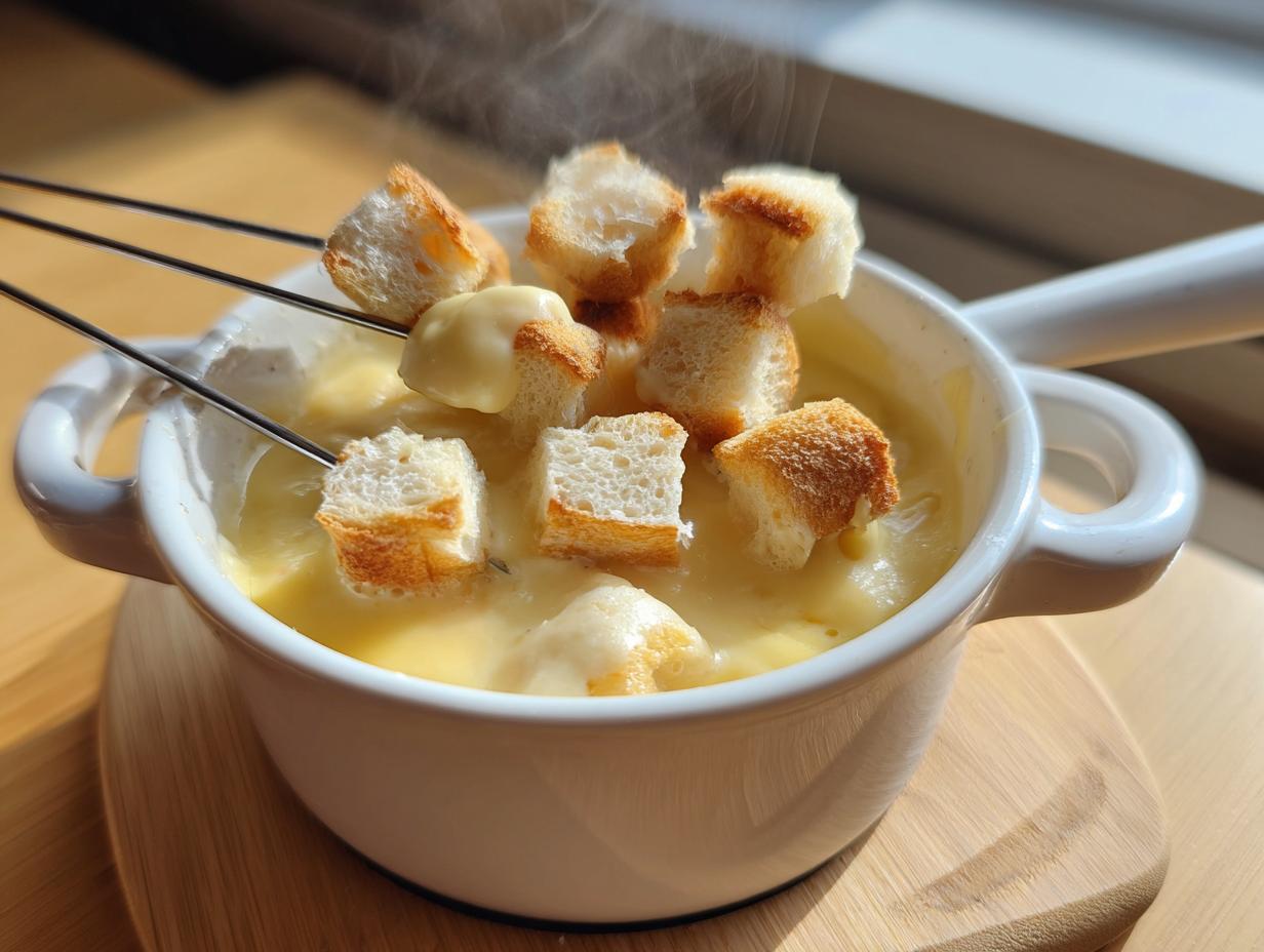 Close-up of hot, steaming cheese fondue in a white pot being dipped with toasted bread cubes on fondue forks.
