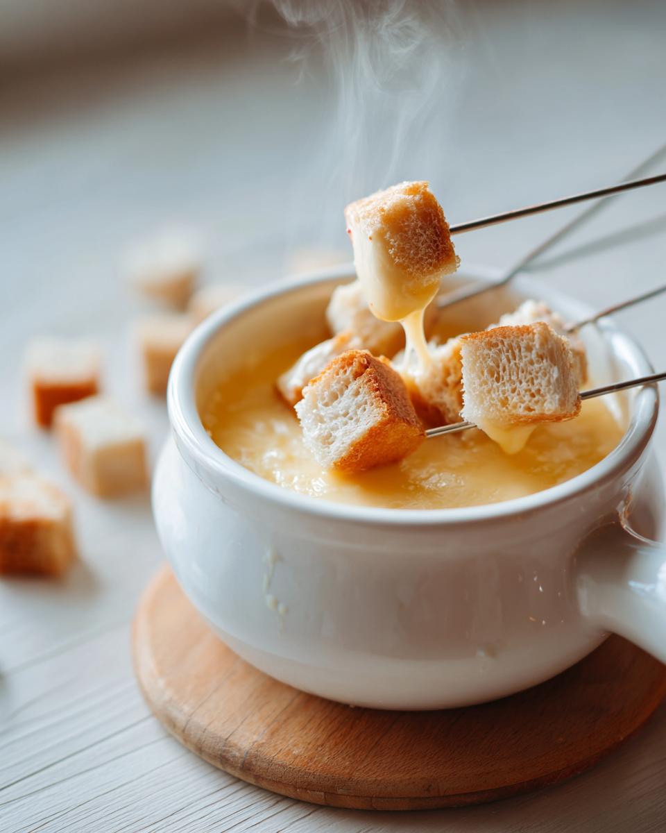 Close-up of a white pot of steaming hot cheese Fondue with bread cubes being dipped using long metal forks.
