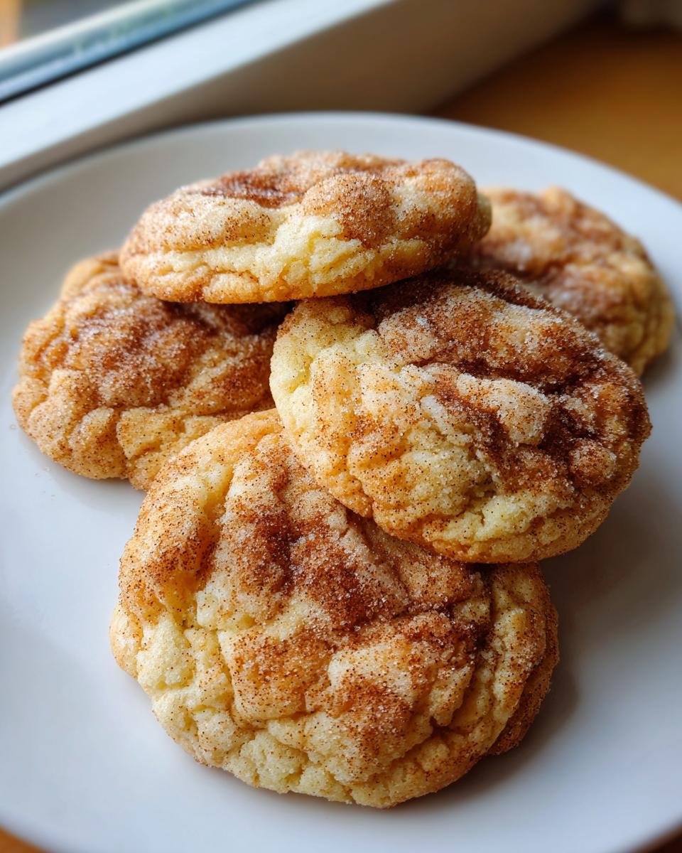 A stack of four soft, puffy apple pie cookies generously coated in cinnamon sugar on a white plate.