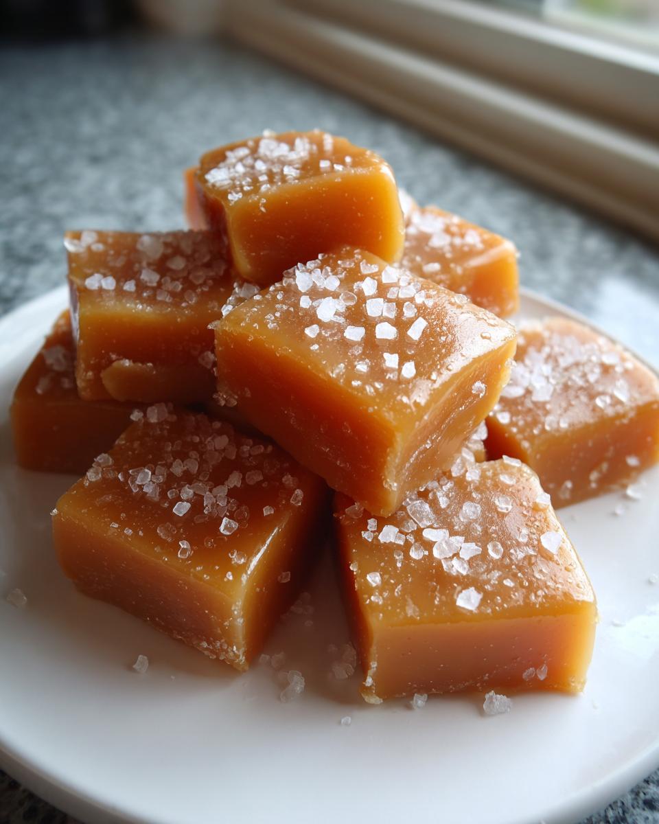 A close-up of several soft caramels stacked on a white plate, topped generously with flaky sea salt.
