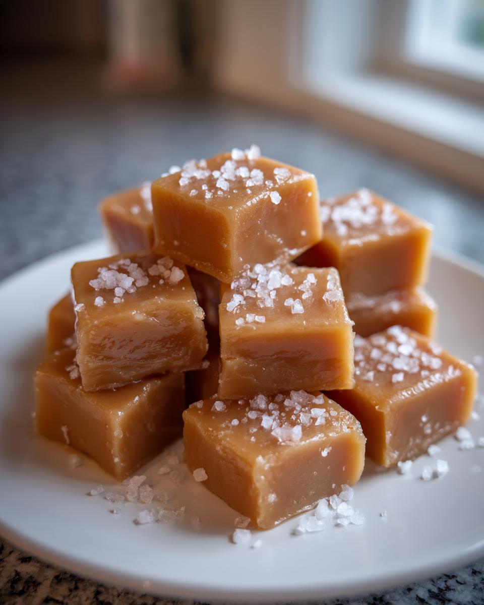 A close-up stack of homemade soft caramels topped with flaky sea salt, ready to eat.