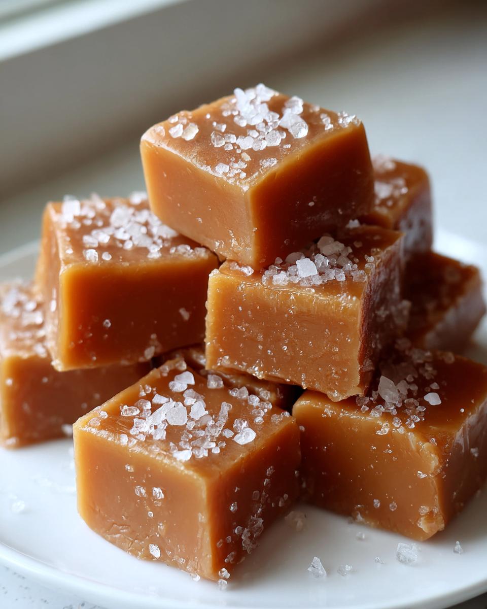 A stack of soft, chewy caramels topped generously with coarse sea salt flakes.