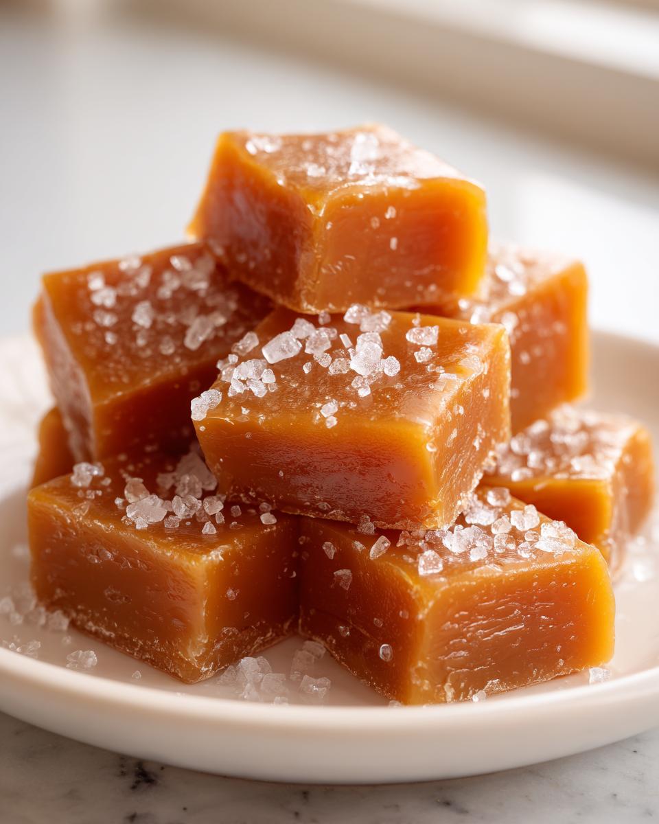A stack of soft, chewy, square caramels topped generously with coarse sea salt crystals.