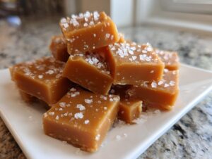A close-up of soft, square caramels sprinkled with flaky sea salt, piled on a white dish.