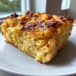 A close-up of a square slice of creamy southern baked macaroni and cheese with a perfectly browned, crispy cheese crust.