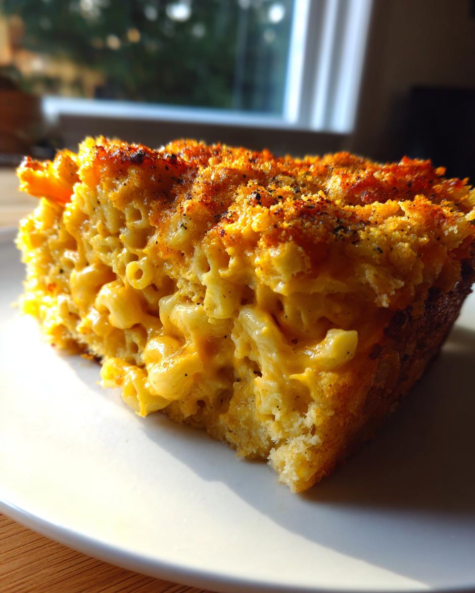 A thick, creamy slice of southern baked macaroni and cheese with a golden, crispy topping.