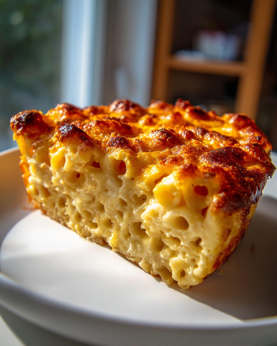 A thick, square slice of creamy southern baked macaroni and cheese showing a deeply browned, bubbly cheese crust.