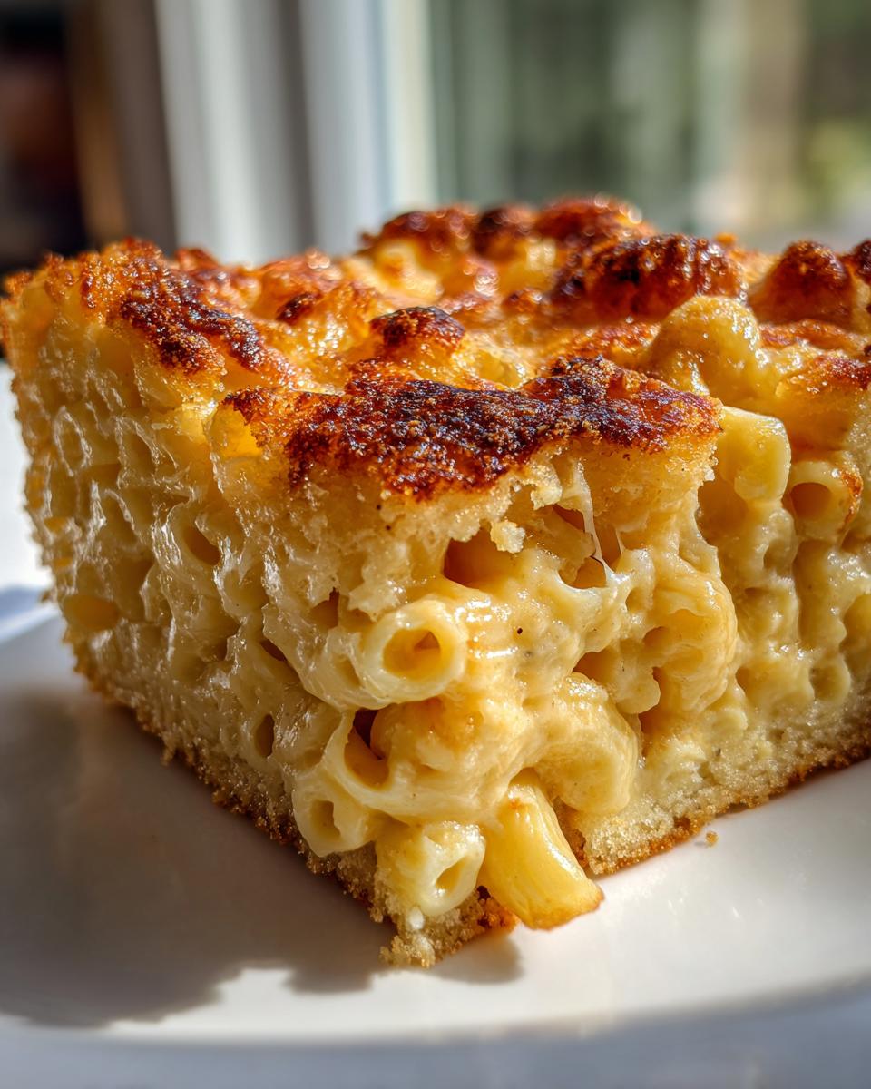 Close-up of a thick, creamy slice of southern baked macaroni and cheese showing elbow pasta and a deeply browned, crispy top crust.