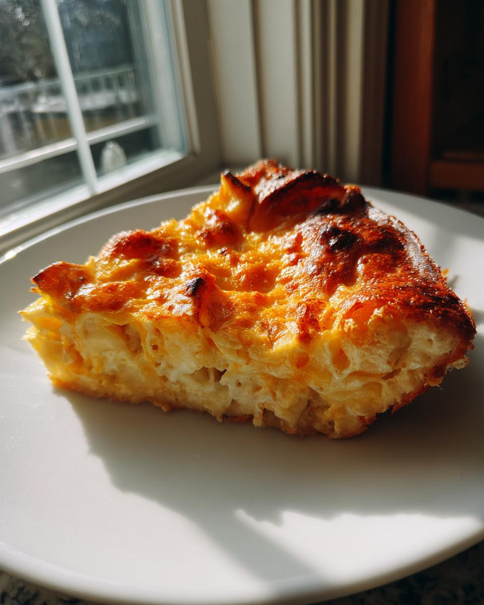 A thick slice of southern baked macaroni and cheese showing creamy interior and a deeply browned, cheesy crust.