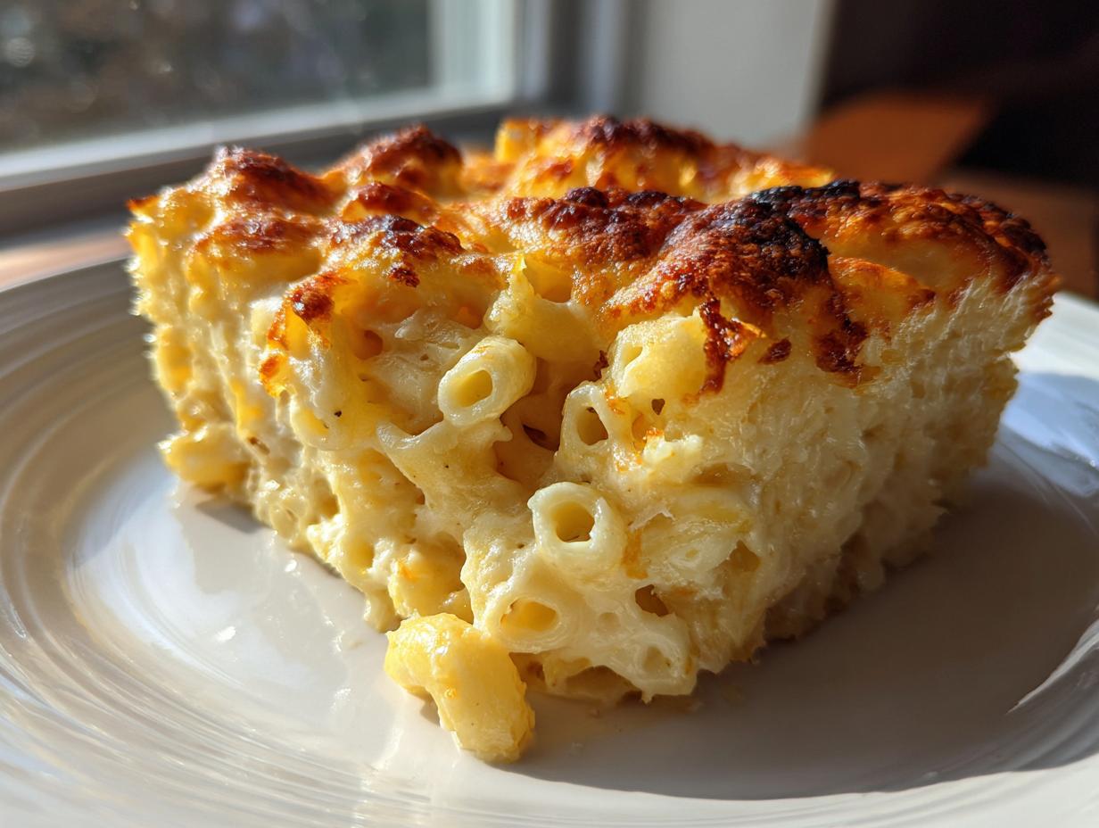 A thick, creamy slice of southern baked macaroni and cheese with a golden-brown, crispy top crust.