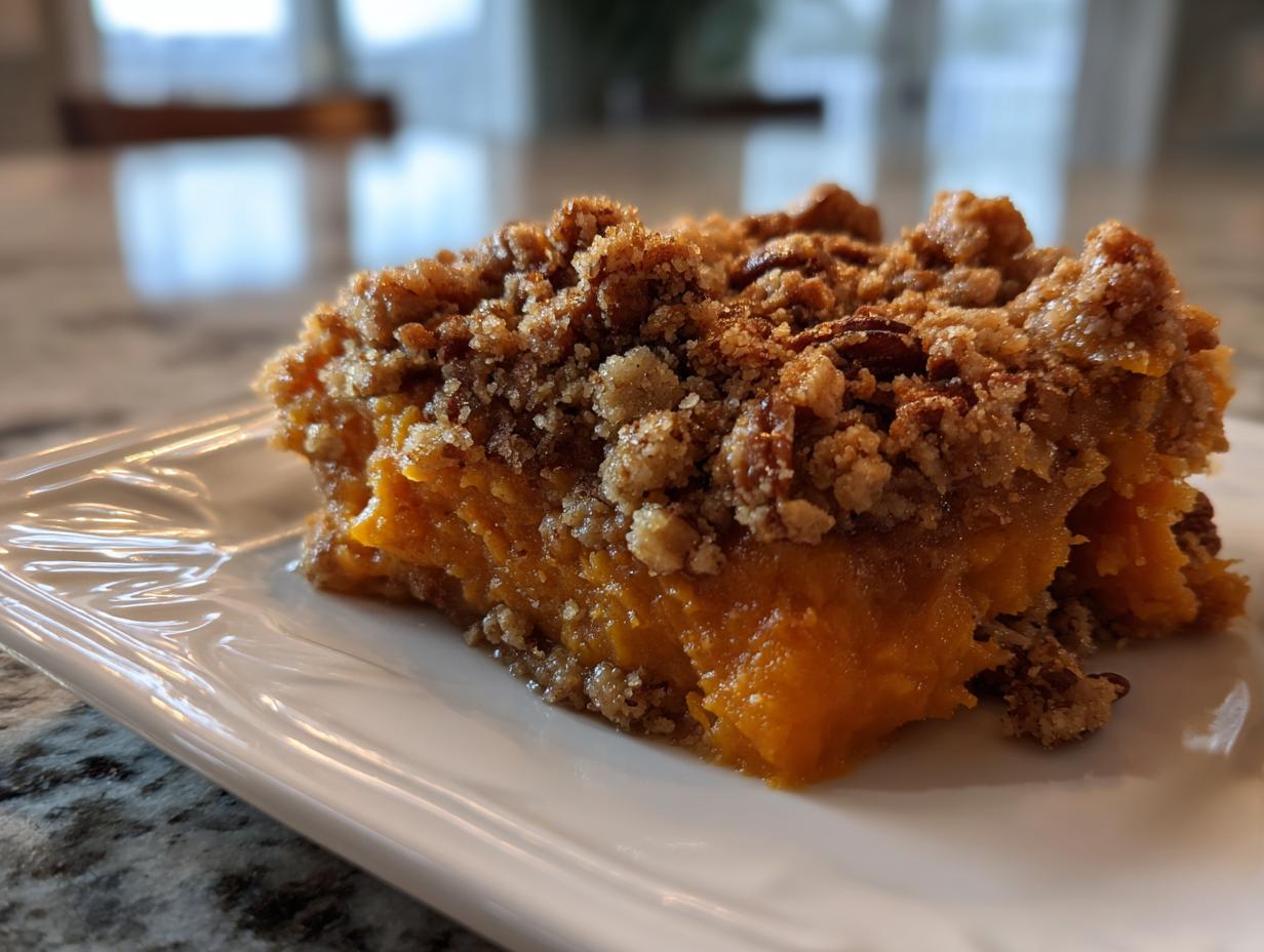 A close-up of a serving of southern sweet potato casserole topped with a crunchy pecan streusel.