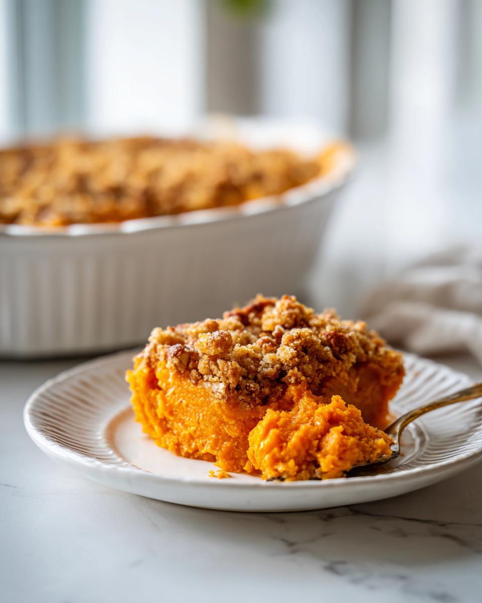 A scoop of creamy southern sweet potato casserole with a crunchy pecan crumble topping being lifted by a gold spoon.
