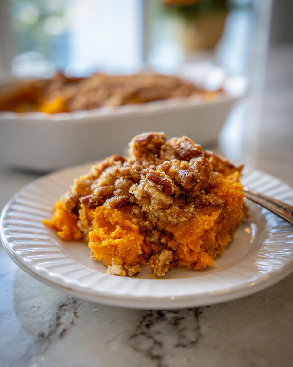 A scoop of bright orange southern sweet potato casserole topped with a crunchy pecan streusel served on a white plate.