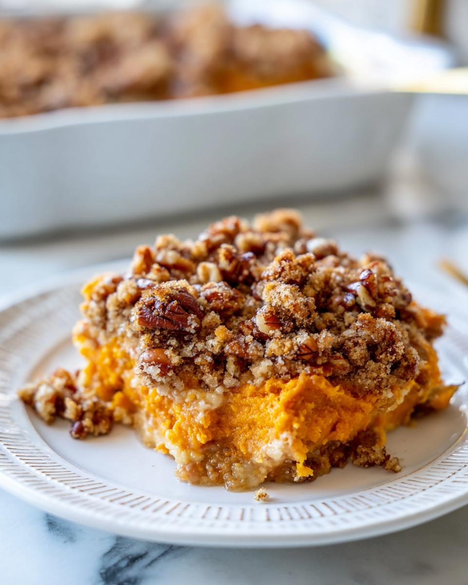 A close-up of a serving of southern sweet potato casserole topped with a crunchy pecan streusel on a white plate.