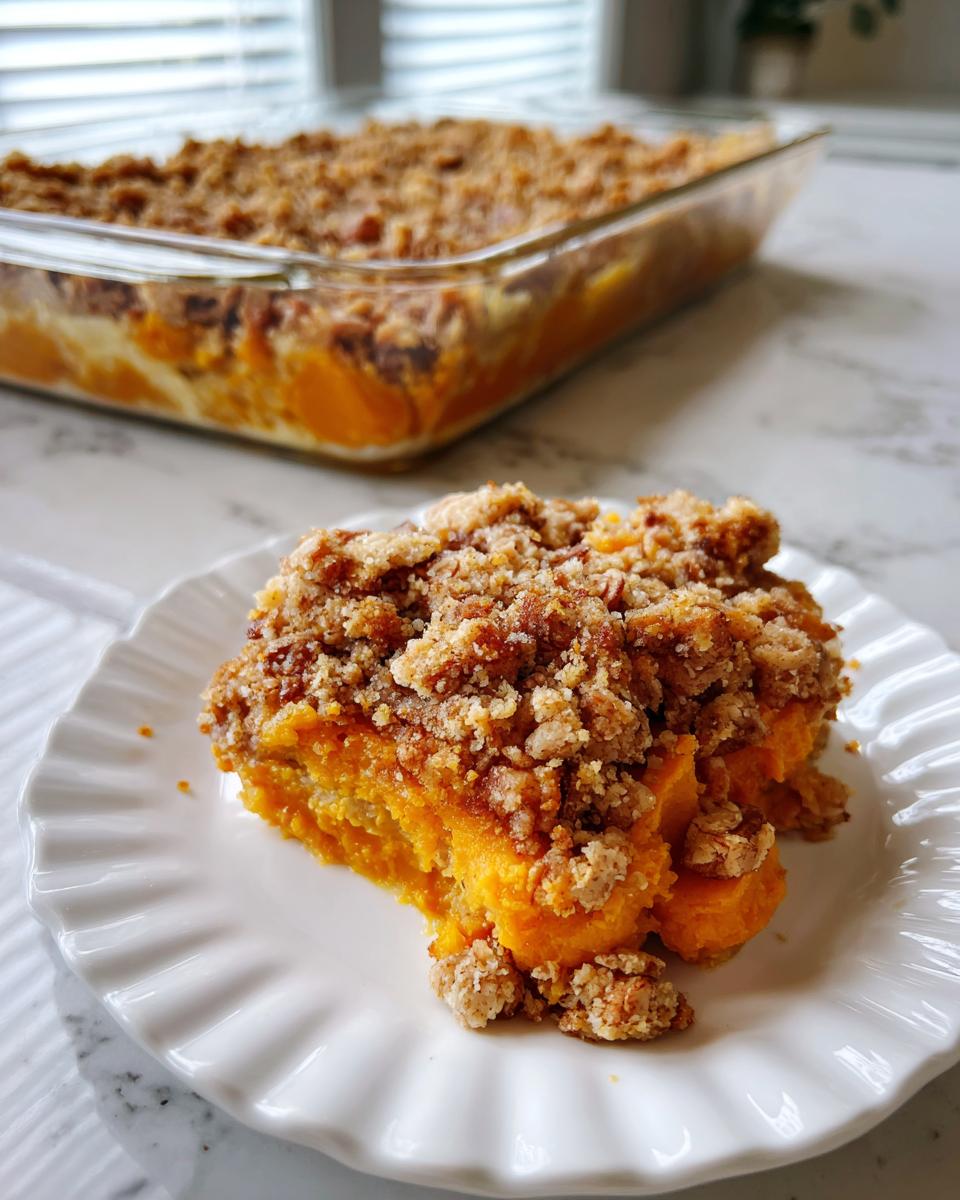 A slice of rich, orange southern sweet potato casserole topped with a crunchy pecan crumble, served on a white plate.