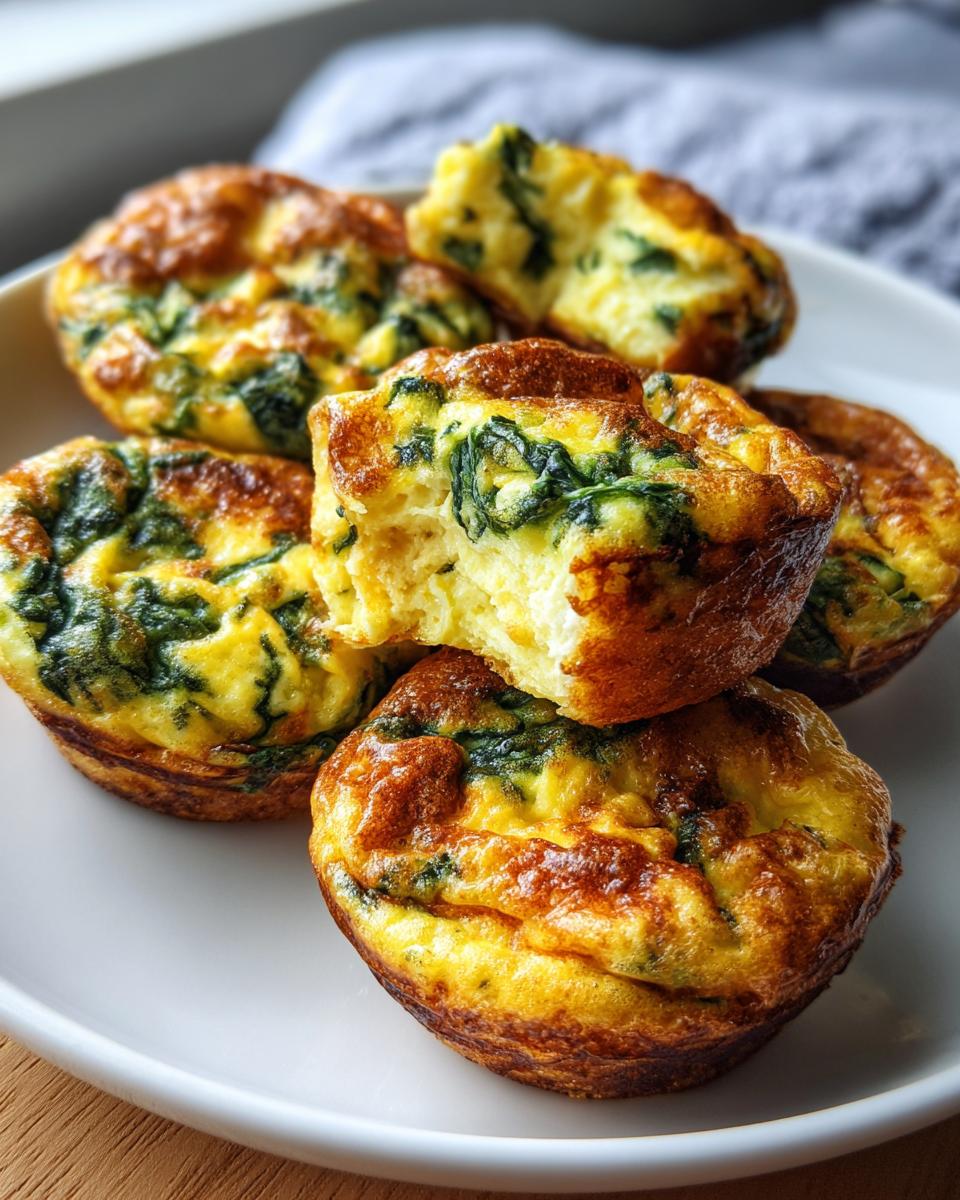 A stack of golden brown spinach egg bites on a white plate, one is broken open showing the fluffy interior.