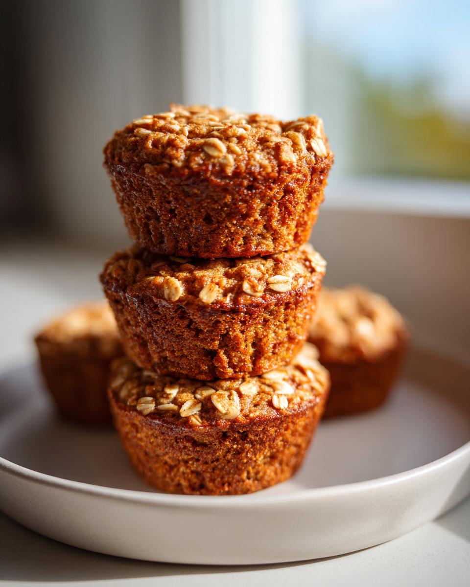 A stack of three golden brown banana oatmeal muffins topped with visible rolled oats, sitting on a light plate.