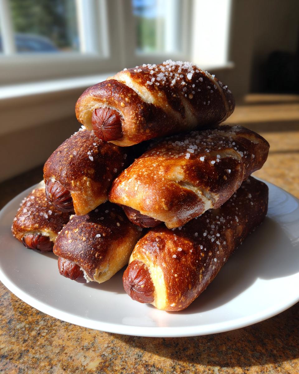 A stack of freshly baked pretzel dogs, topped with coarse salt, resting on a white plate.